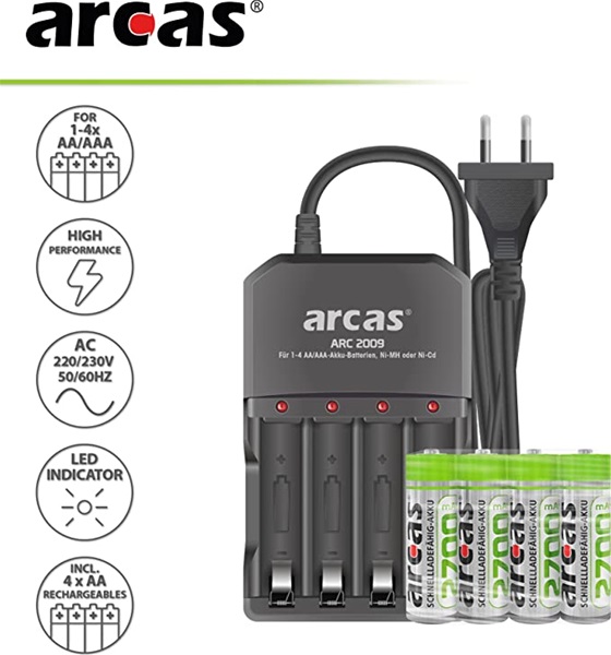 Arcas batterijlader met stuks AA batterijen | BatterijTotaal.nl